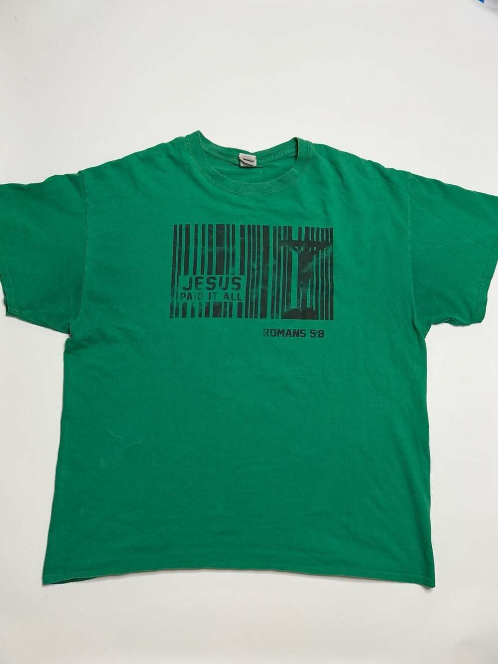 Vintage Green 'Jesus Paid It All' Barcode T-Shirt, Size XL